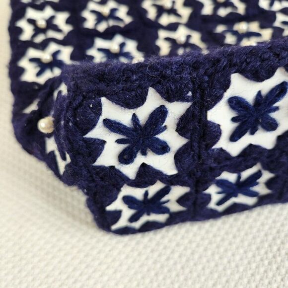 Vintage 60s Navy Blue Granny Square Purse Handbag Pocketbook Crochet Yarn Boho - Picture 3 of 8